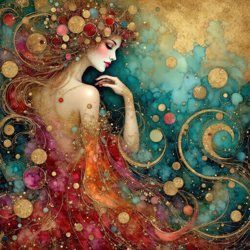 Ocean Goddess in Klimt Style with Gold, Teal, Crimson