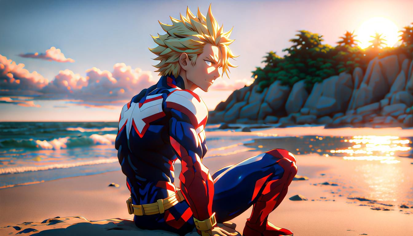 Anime Hero Contemplates Sunset on the Beach