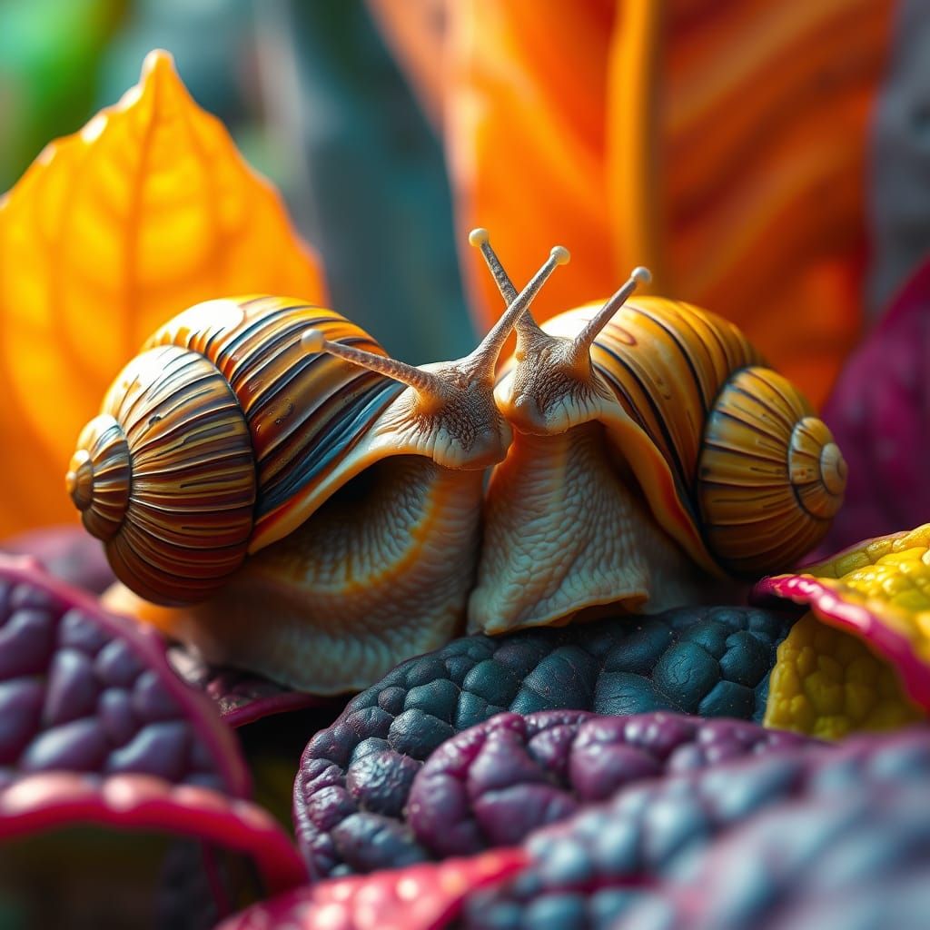 Snails Embrace in Vibrant Garden: Digital Painting