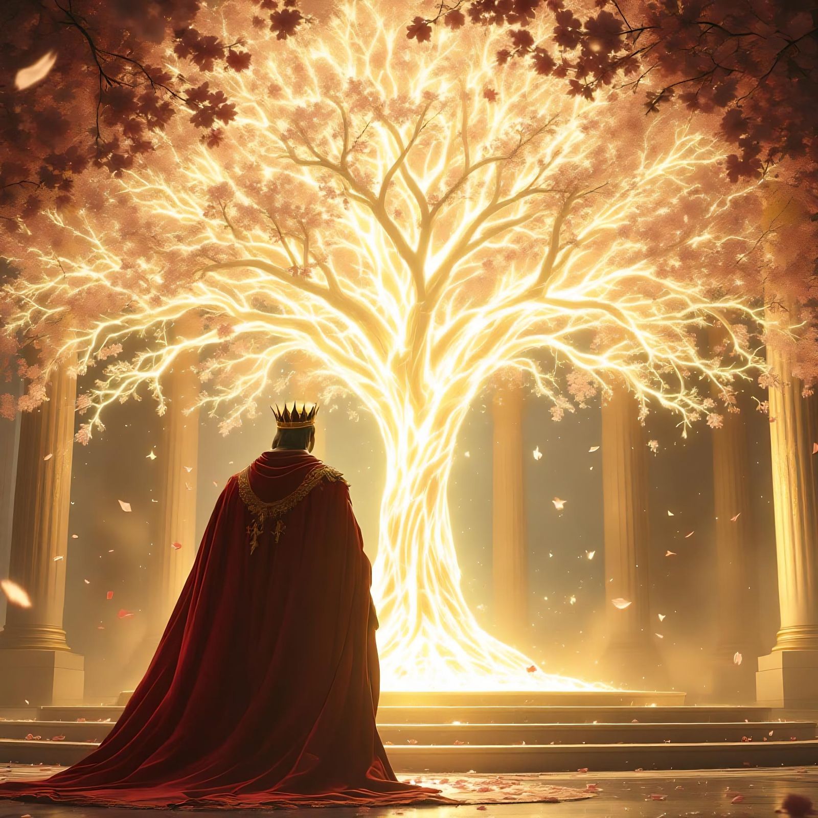 King Gazing at a Glowing Tree at Dawn