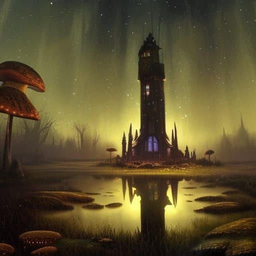 Gothic Mushroom Cottage in Glowing Swamp: Dark Fantasy Art