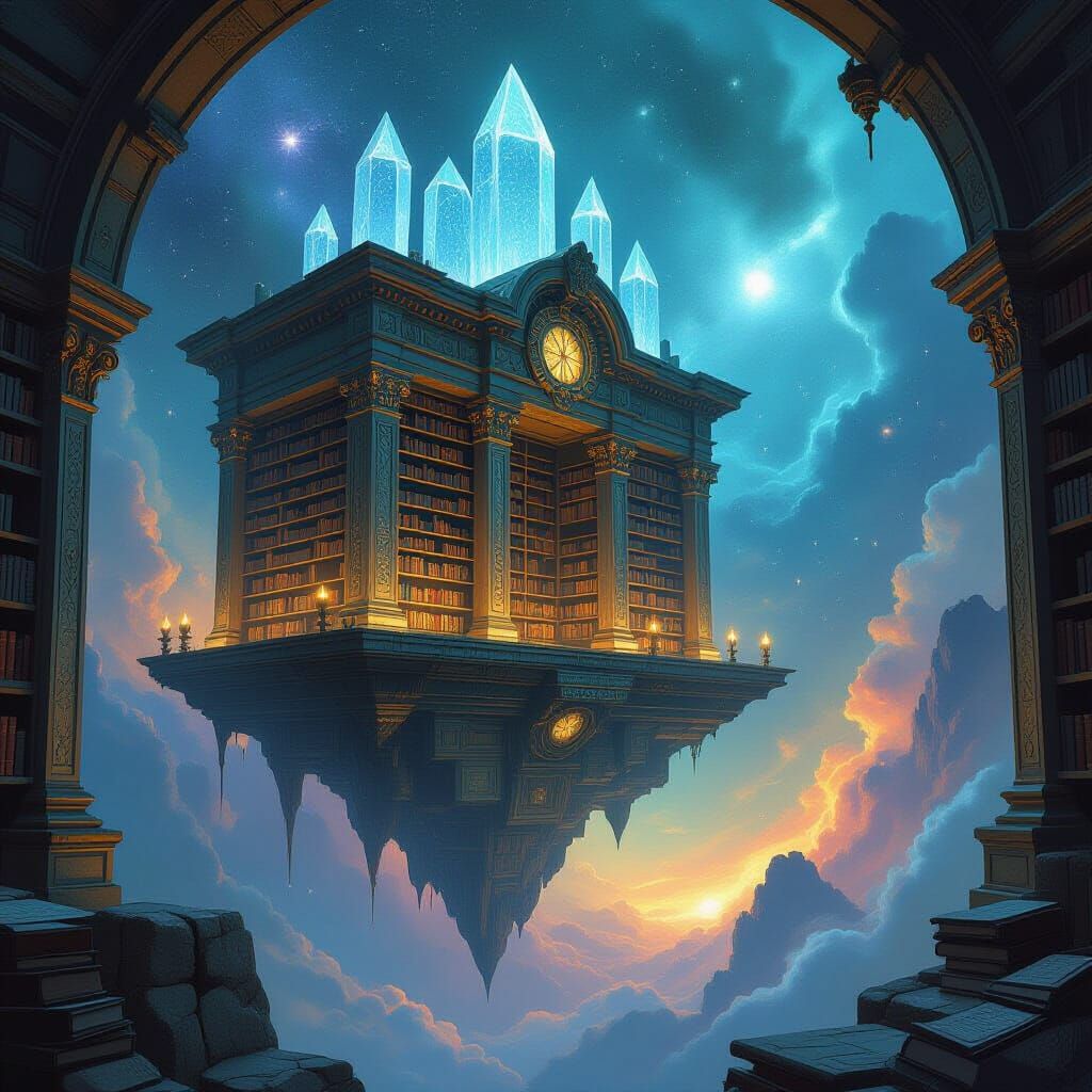 Floating Crystal Library Above Nebula in Fantasy Art Style