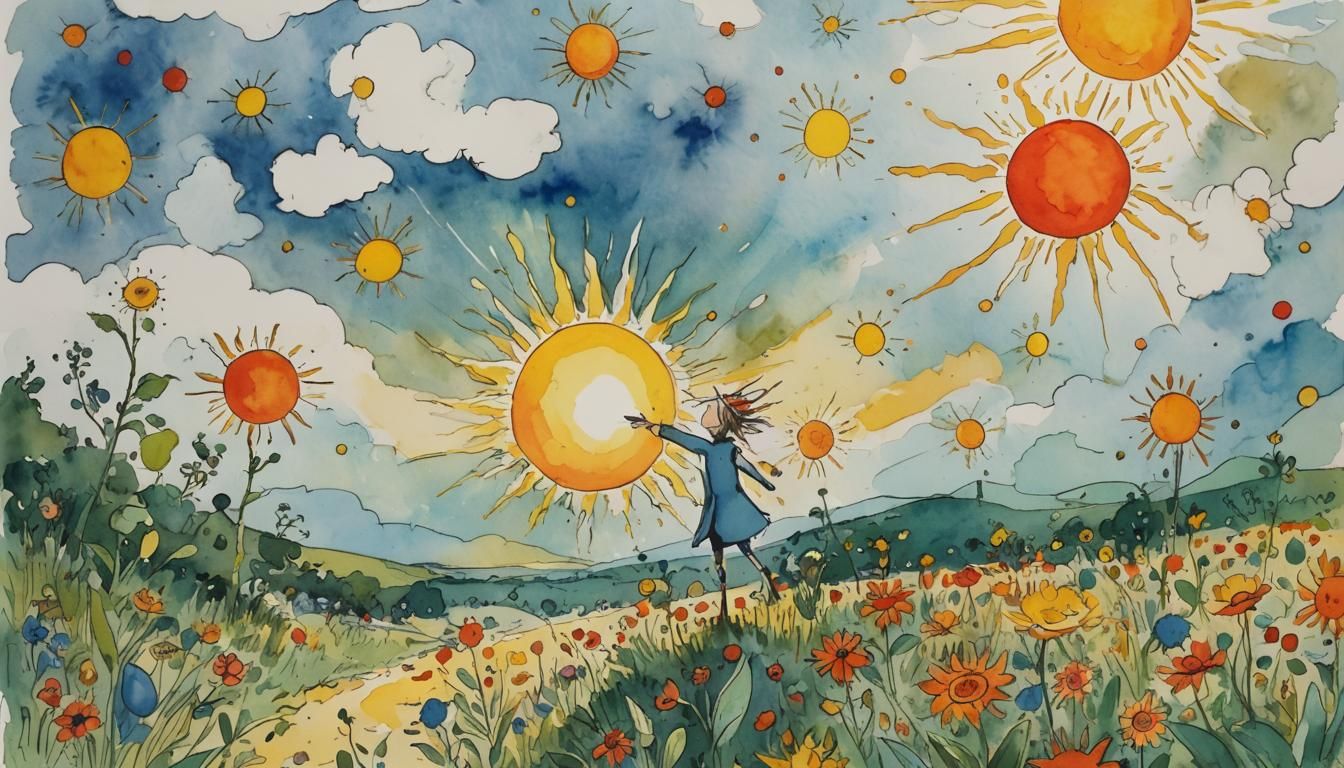 Whimsical Sun Illustration in Quentin Blake Style