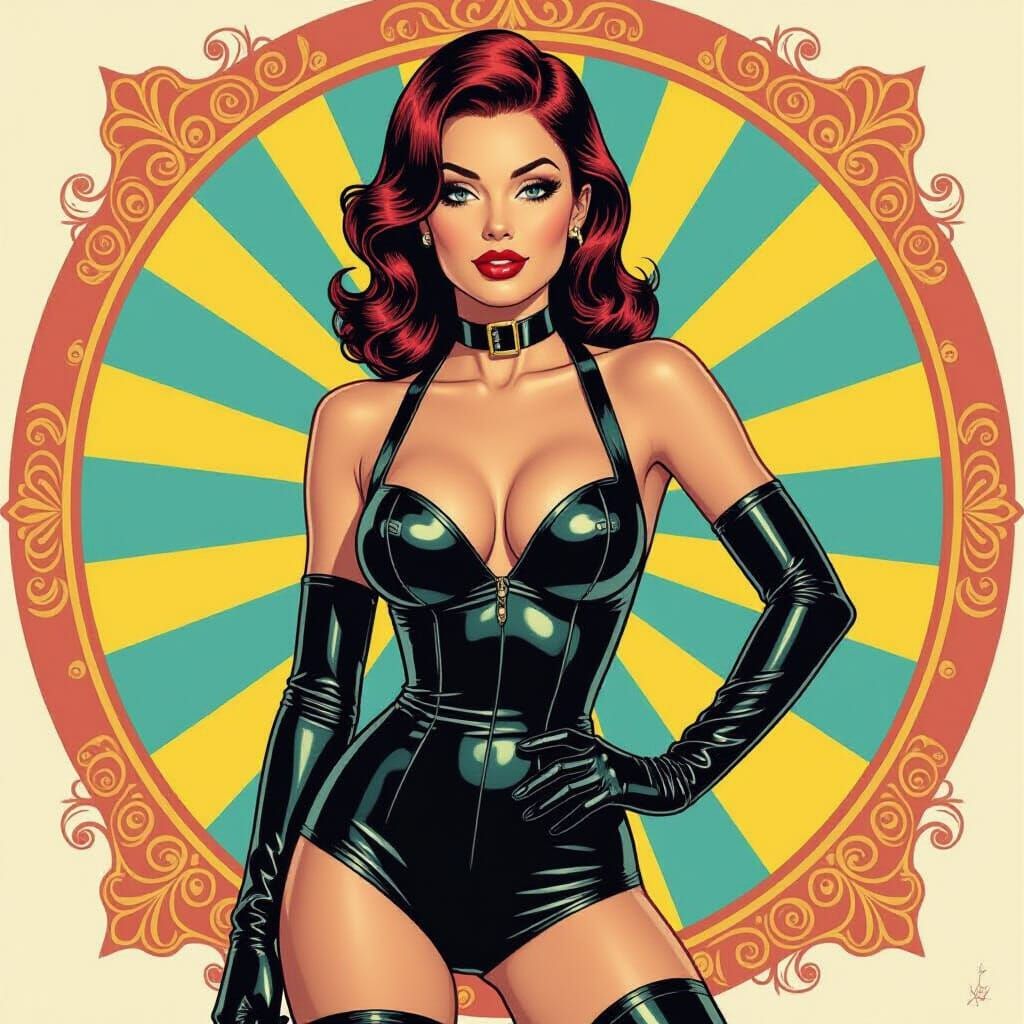 Woman in Latex Outfit: A Pin-Up Style Illustration
