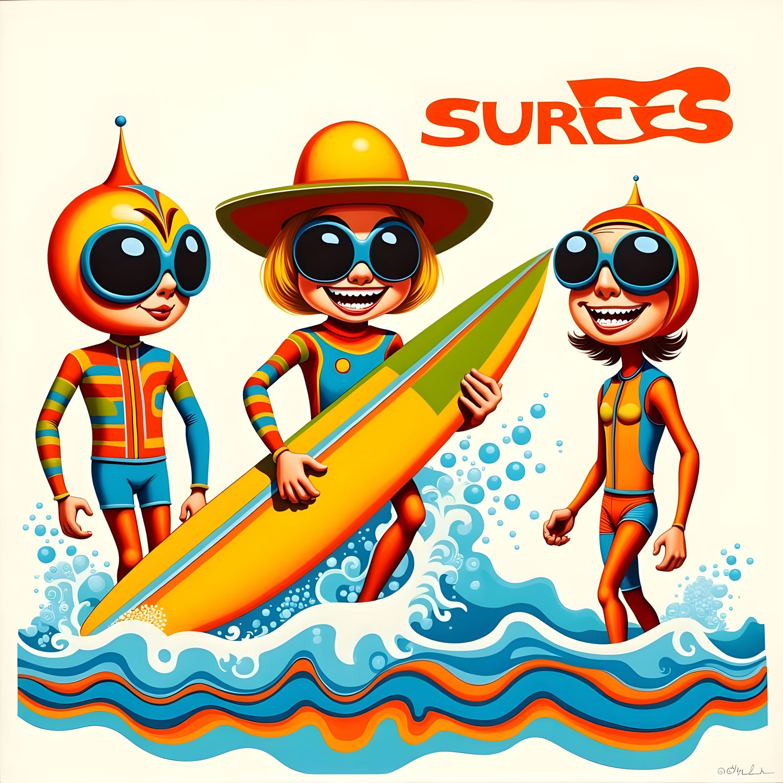 Vintage Cartoon Surfers in Funky Seventies Style
