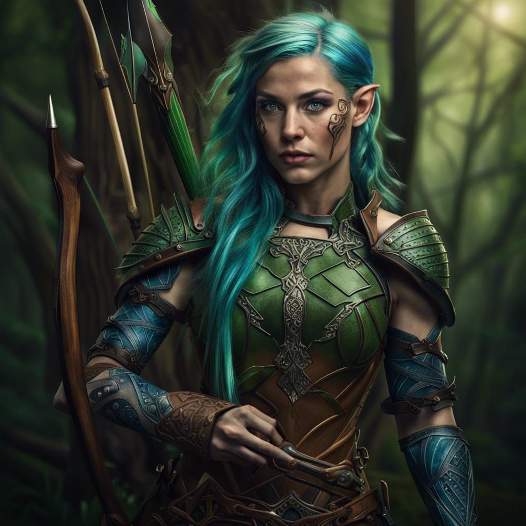 Hyperrealistic Wood Elf Archer with Green Hair