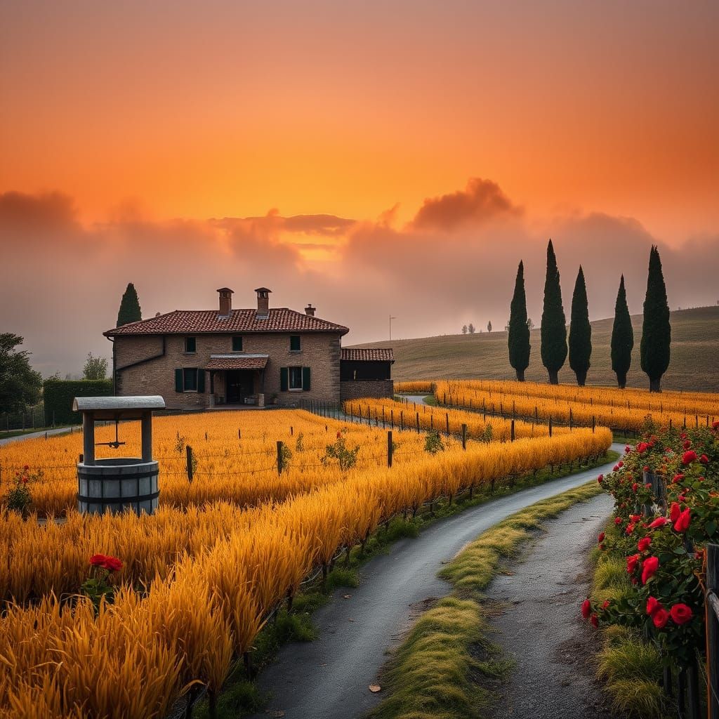 Tuscan Valley Vineyard at Sunset in Impressionist Style