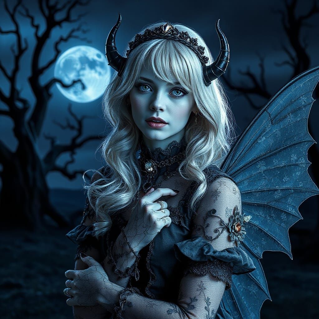 Ethereal Fairy Demon in Gothic Lolita Attire, Illuminated by...