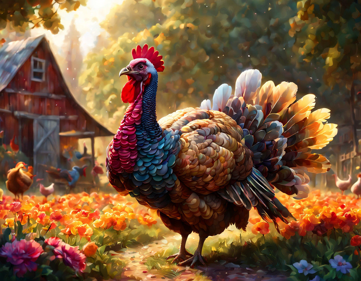 A Majestic Turkey Blows a Trumpet to Gather Hens in a Vibran...