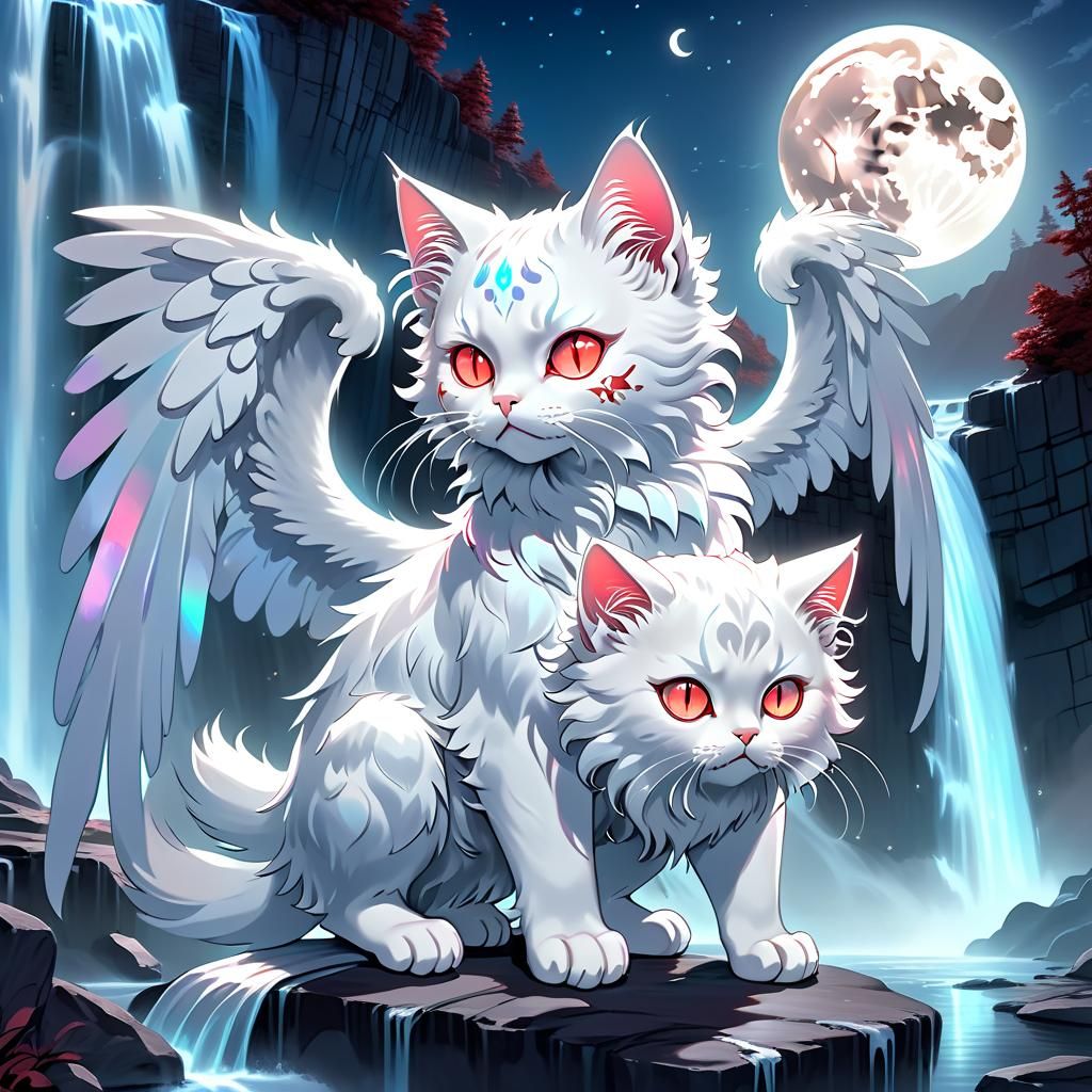 Winged Cat Creature near Waterfall in Digital Art