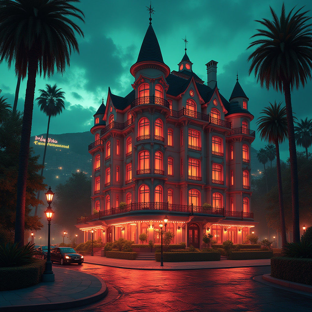 Hollywood Grand Hotel Bathed in Red Light