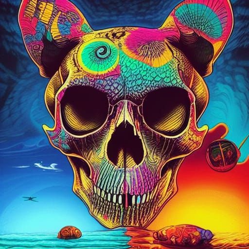 Nested Animal Skulls Floating on Ocean, Comic Book Art