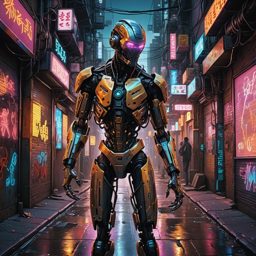 Cybernetically Enhanced Humanoid in Neon Alley: Cyberpunk Ar...