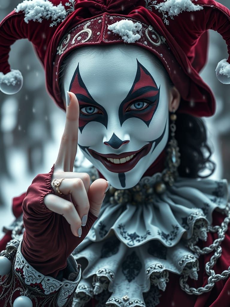 Harlequin Woman's Sinister Smile in Victorian Attire