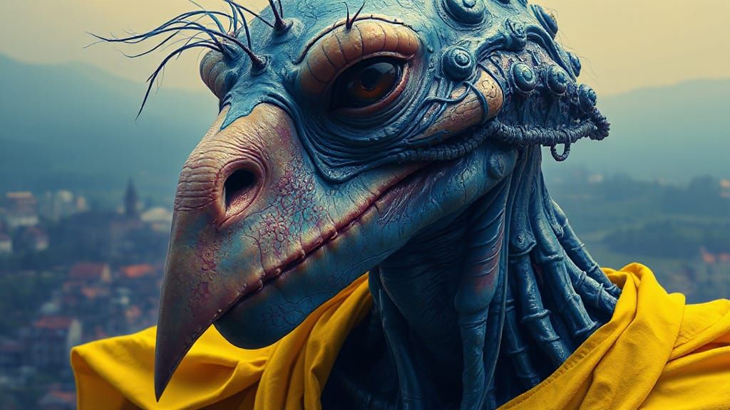 Psychedelic Acrylic Pour Art of Beaked Humanoid