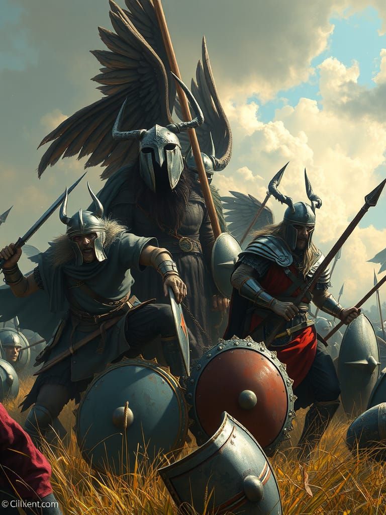 Valkyries Gather Viking Warriors on Battlefield