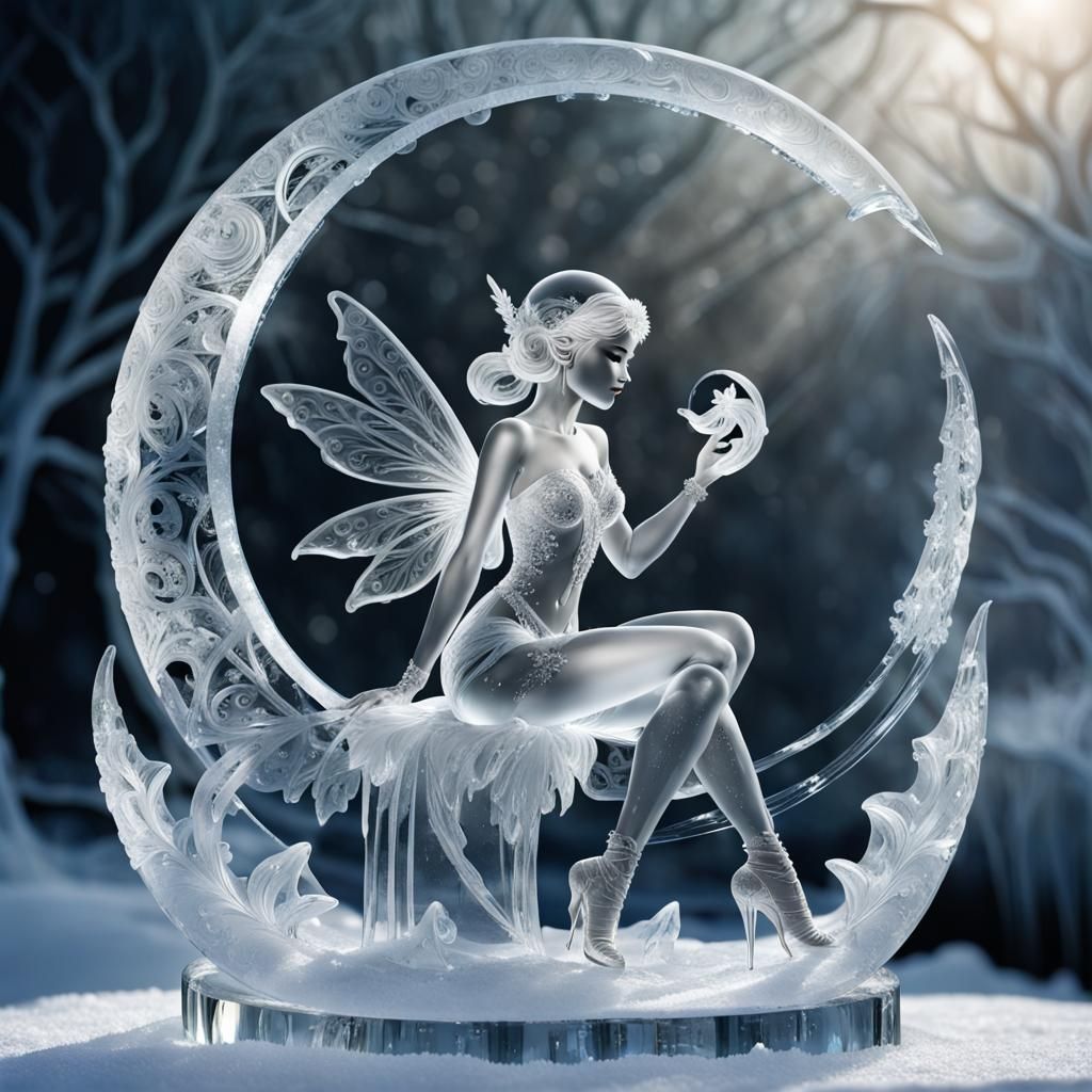 Exquisite Transparent Ice Fairy Sculpture on Moon