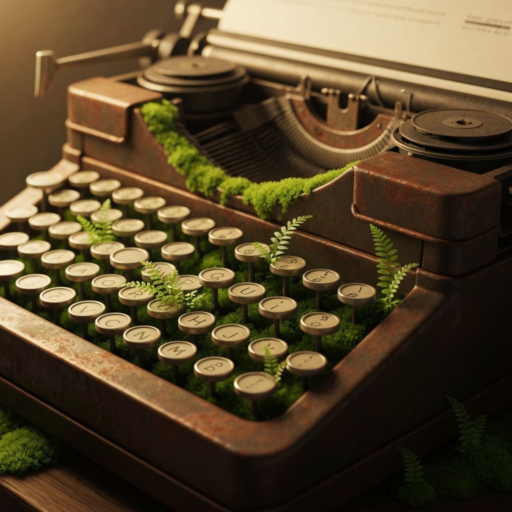 Vintage Typewriter Reclaimed by Nature in Digital Painting