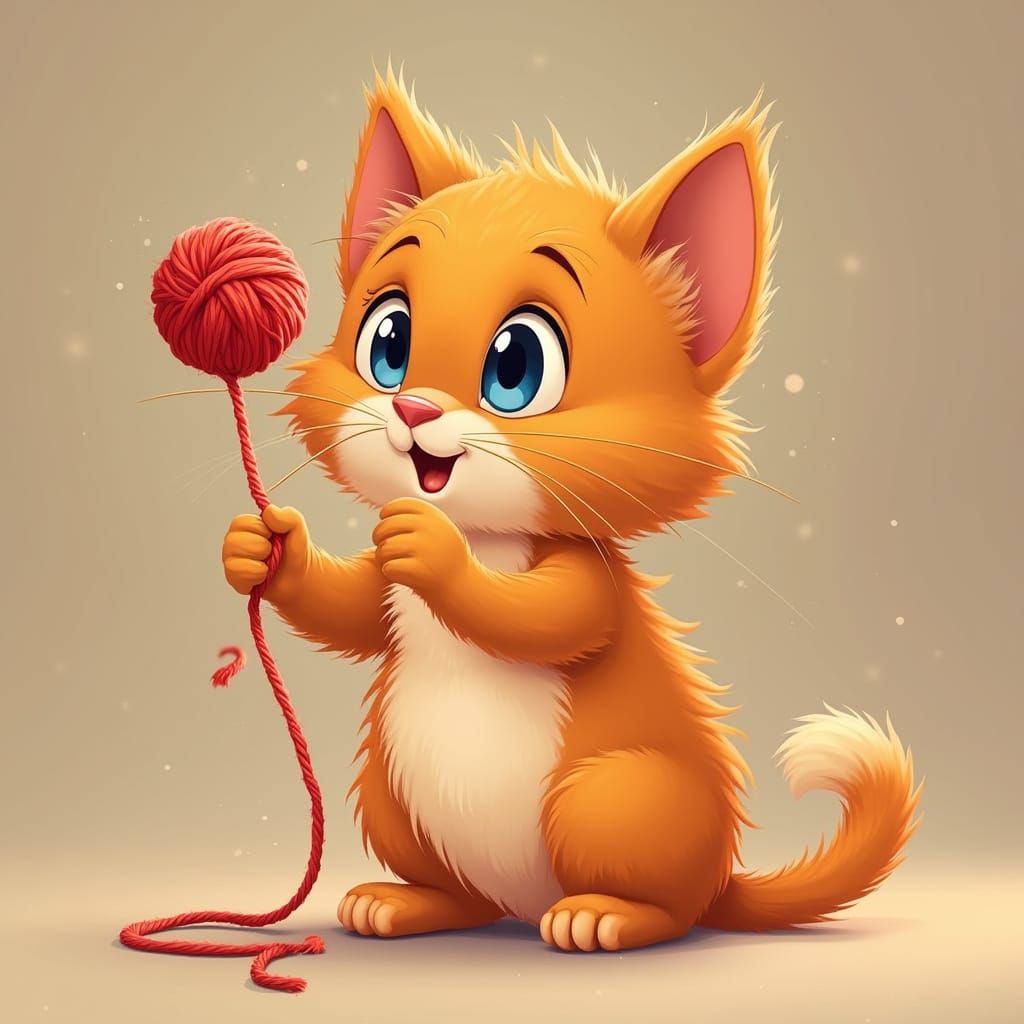 Fluffy Ginger Kitten Playing with Yarn in Cartoon Style