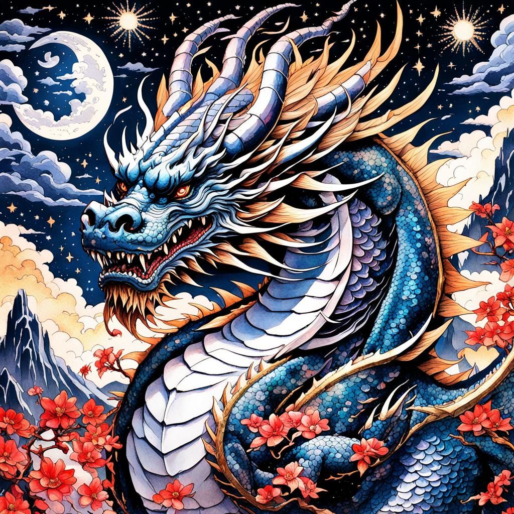 Majestic Dragon with Cherry Blossoms Under Starry Sky