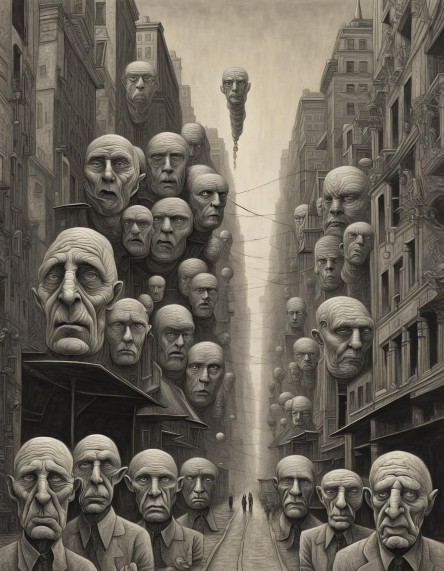 Surreal Gray Faces in City Street: Monochromatic Art