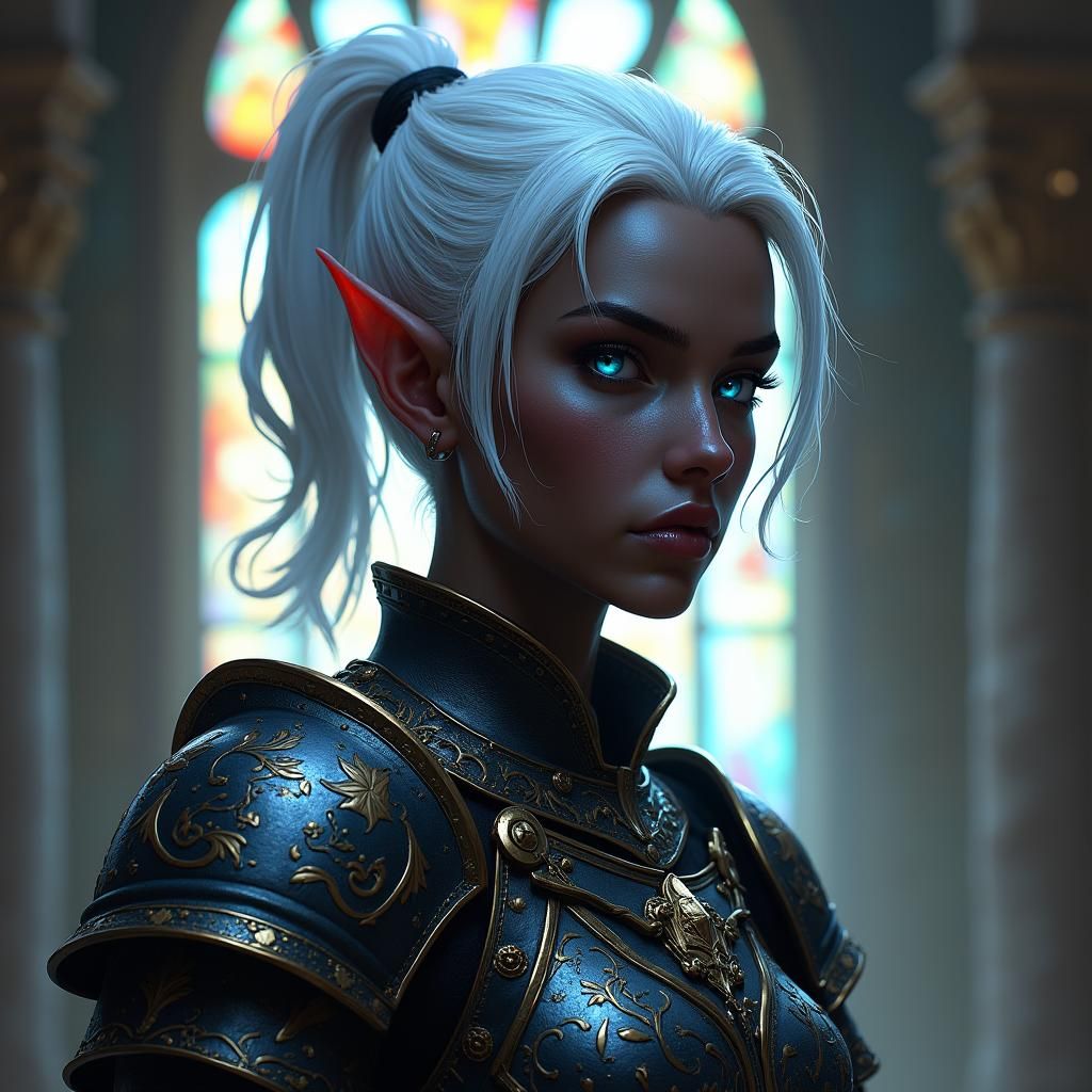 Dark Elf Paladin in Ornate Armor, Fantasy Portrait
