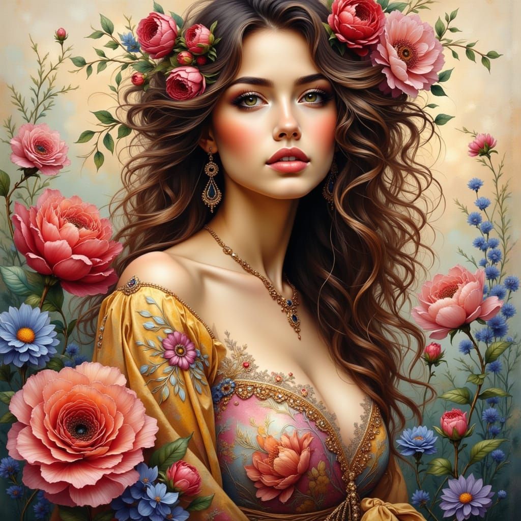Elegant Woman in Peach Dress, Fantasy Portrait