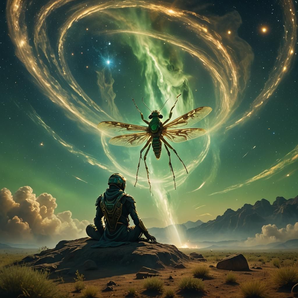 Ancient Locust Meditating in Starry Cosmos