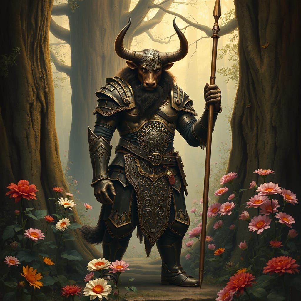 Minotaur Warrior in Lush Forest, Pre-Raphaelite Style