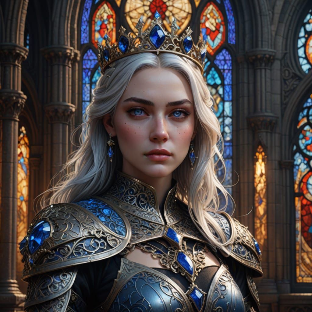 Young Queen with Silver Hair and Sapphire Crown