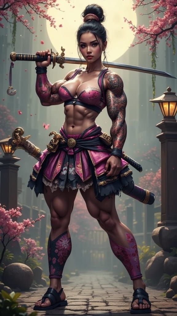 Japanese Geisha Warrior in Combat Stance with Katana and Che...