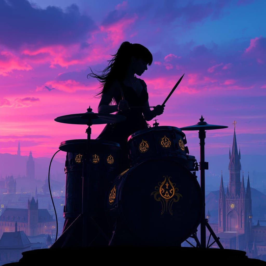 Mystical Drummer in Vibrant Cityscape