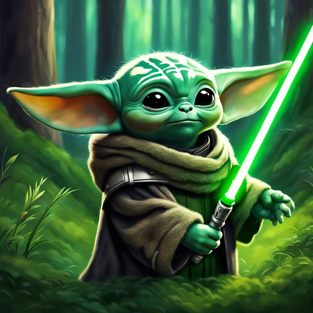 Grogu with Lightsaber in Green Glade