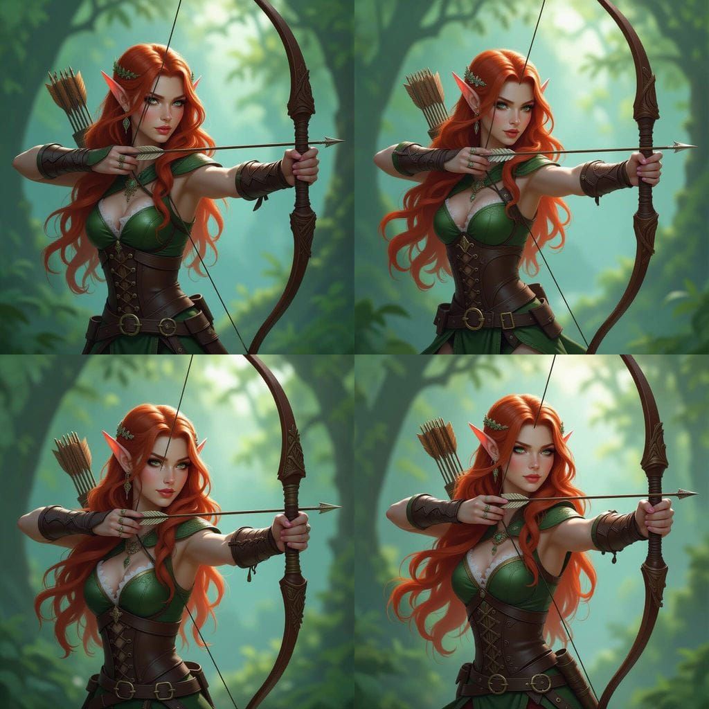 Red-Haired Elf Archer in Magical Forest, Hyperdetailed Art
