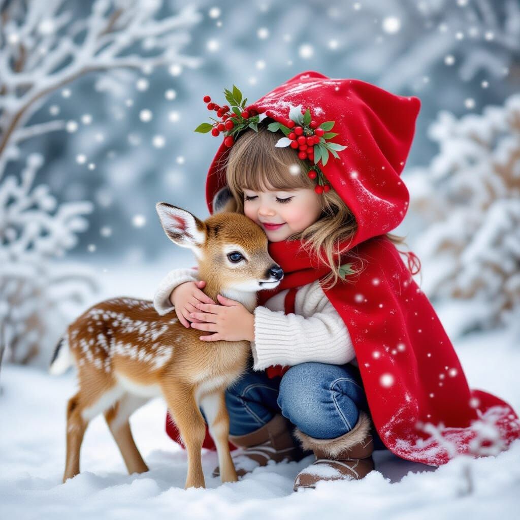 Toddler Hugs Deer in Snowy Fantasy Forest