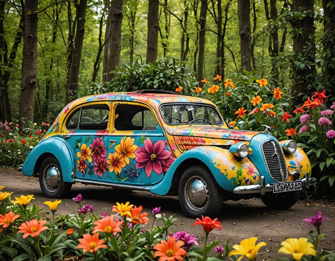 Peugeot 402 with Hippie Rave Flowers