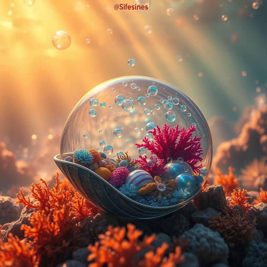Glass Seashell Overflowing with Corals in Dreamlike Ocean