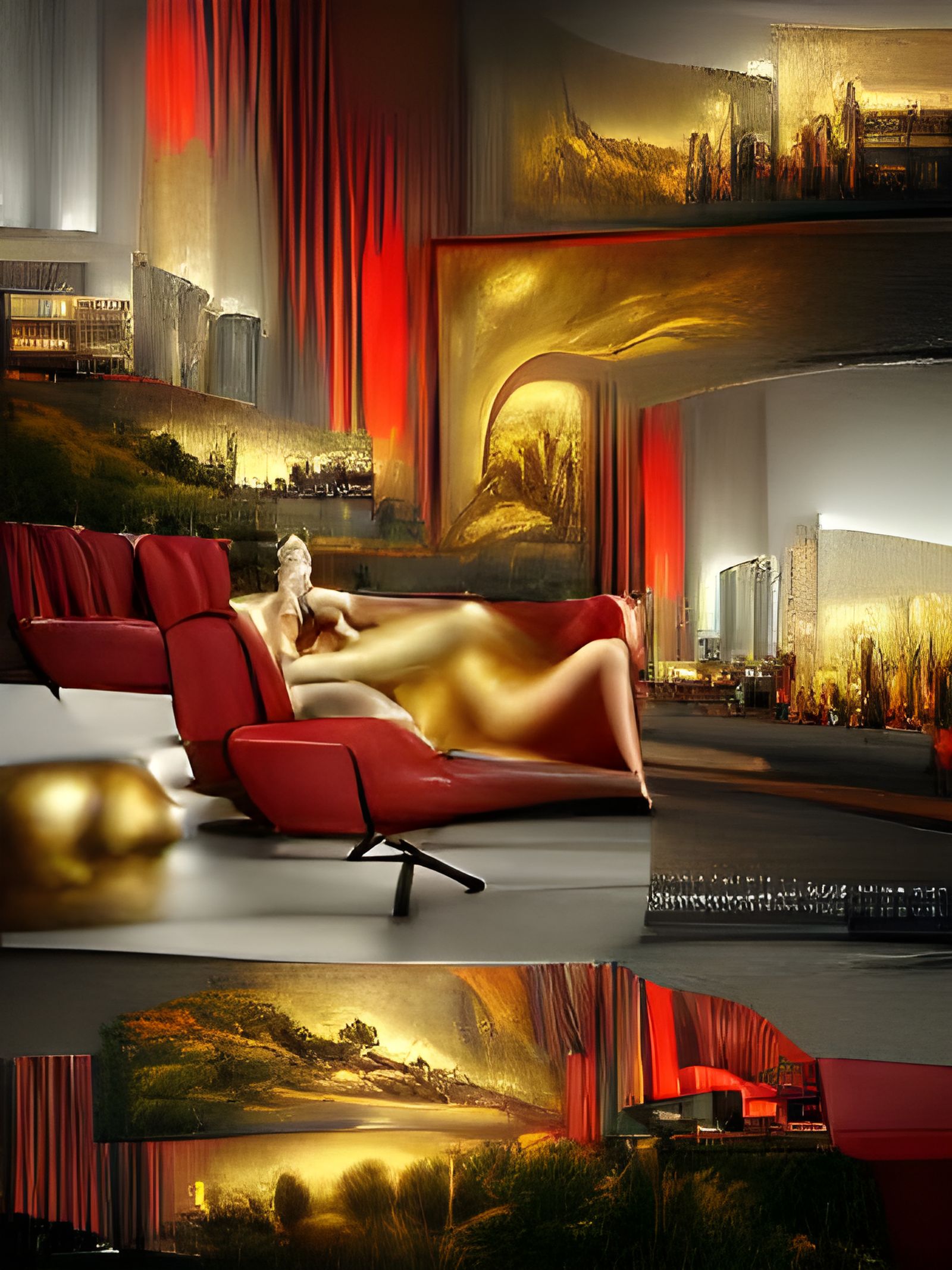 Nude Woman on Red and Gold Couch in Art Deco