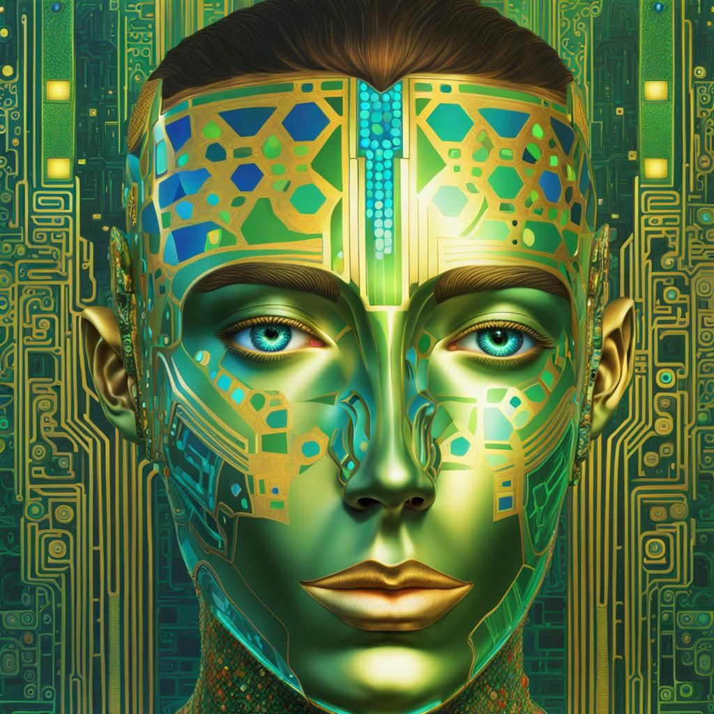 Robot Man with Geometric Skin, Klimt-Inspired Art