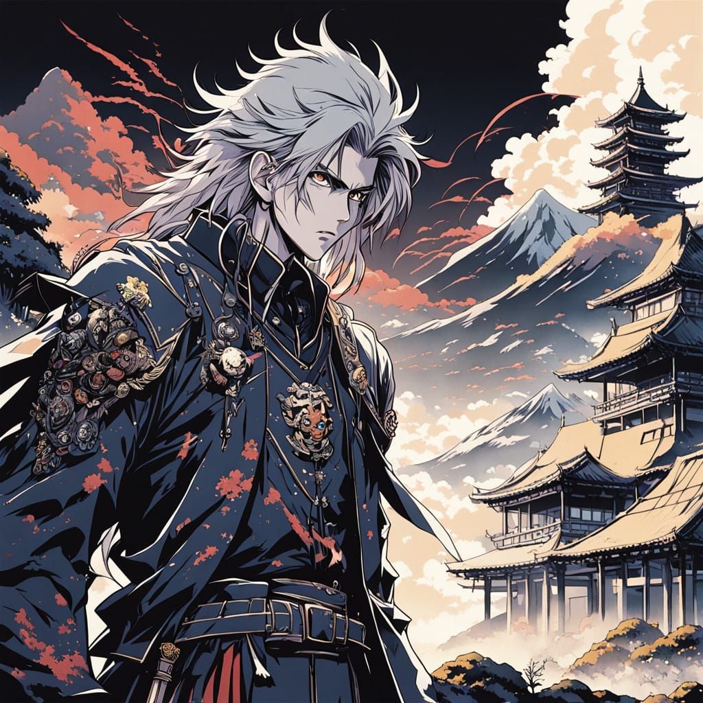 Mysterious Vampire Warrior in Dark Japanese Landscape
