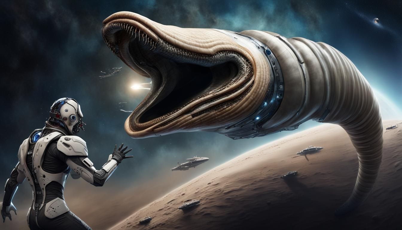 Cyborg Sandworm Attacks Spaceship in Photorealistic Style