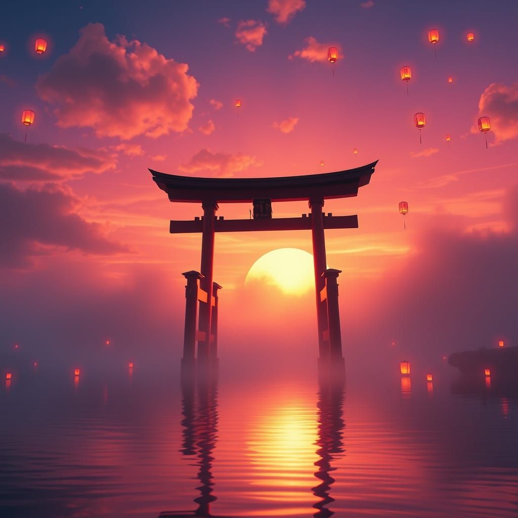 Crimson Torii Gate in Misty Twilight: Cyberpunk Dreamscape