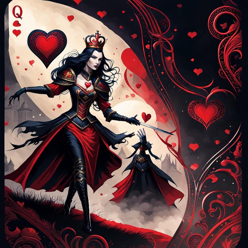 Female mean queen, shown on a playing card adorned with red Q and heart symbol at every edge. The mean queen, revealed h...