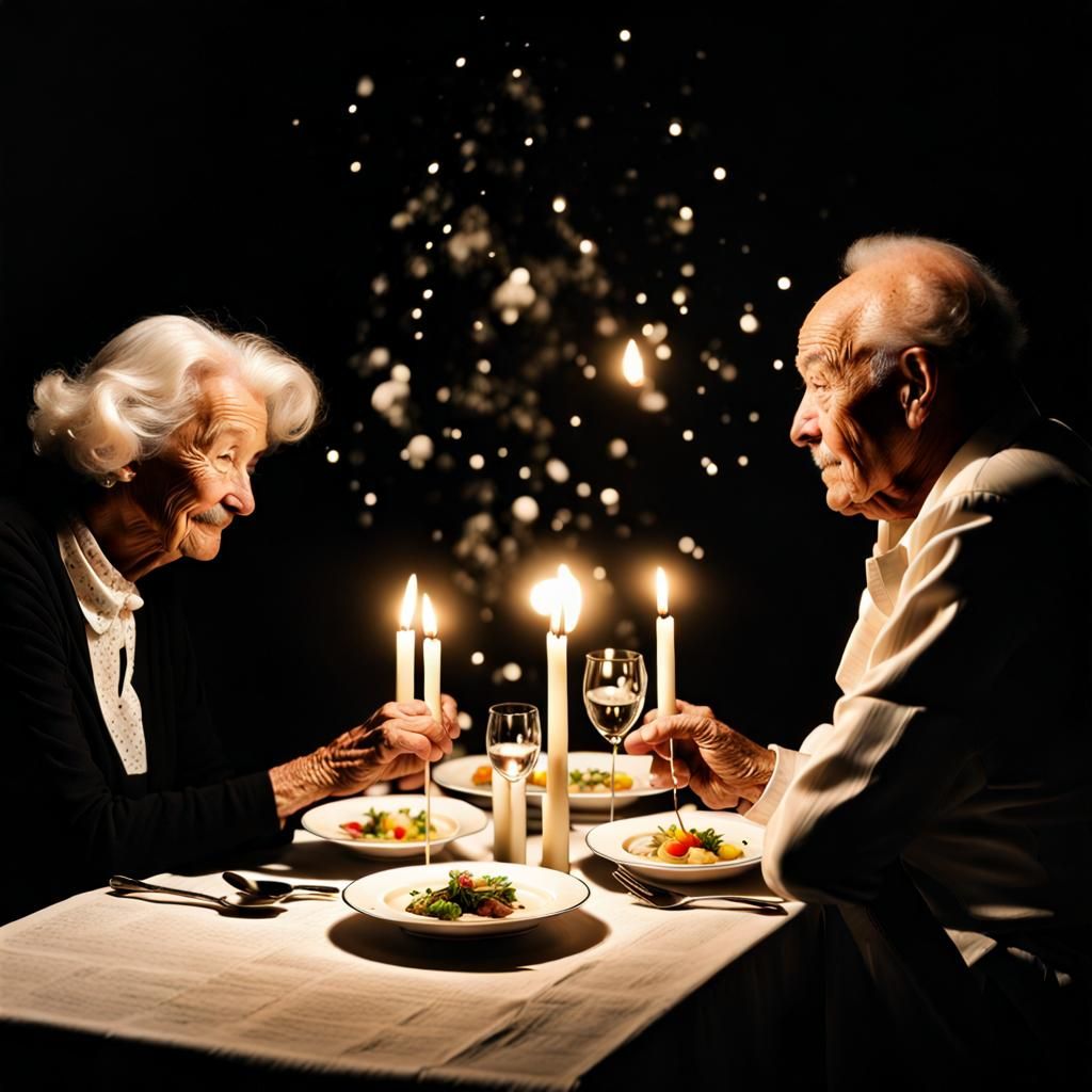 Elderly Couple's Moonlit Dinner in Art of Illusion Style
