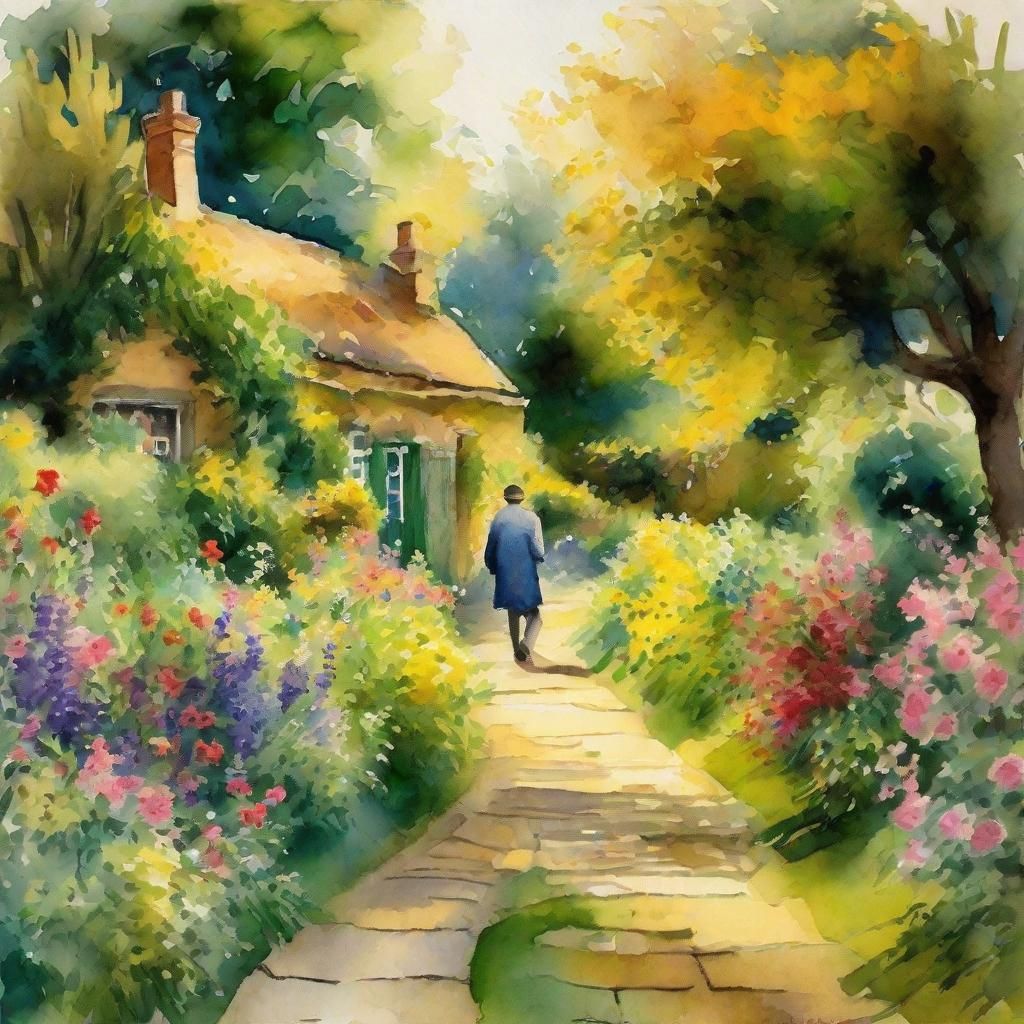 English Cottage Garden in Impressionistic Watercolor Style