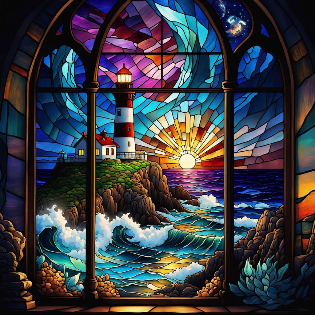 Stained Glass Lighthouse at Night, Complex Art