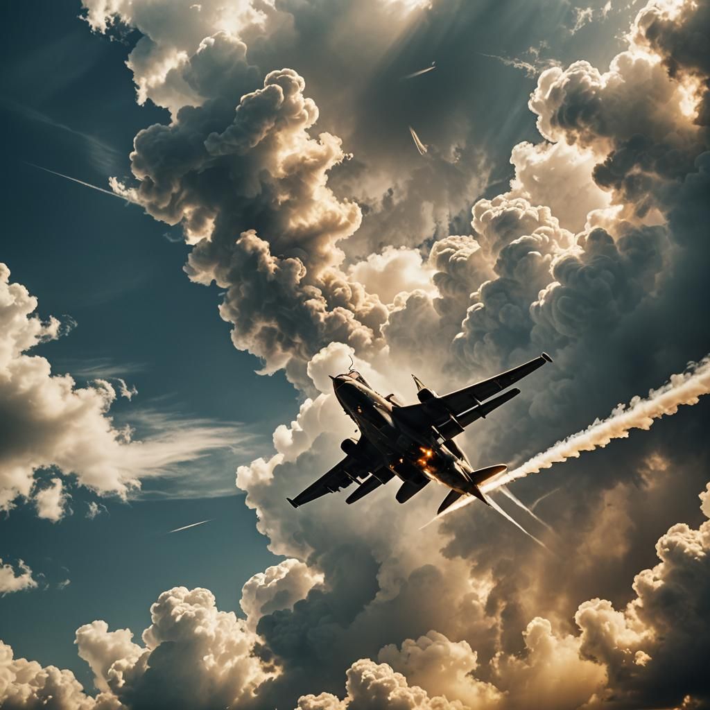 Fighter Plane Soaring Through Clouds: Cinematic Still