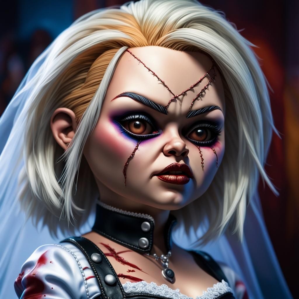 detailed Bride of Chucky, wedding dress, sinister, evil, beautiful face, stiches, Hyperrealistic, splash art, concept ar...