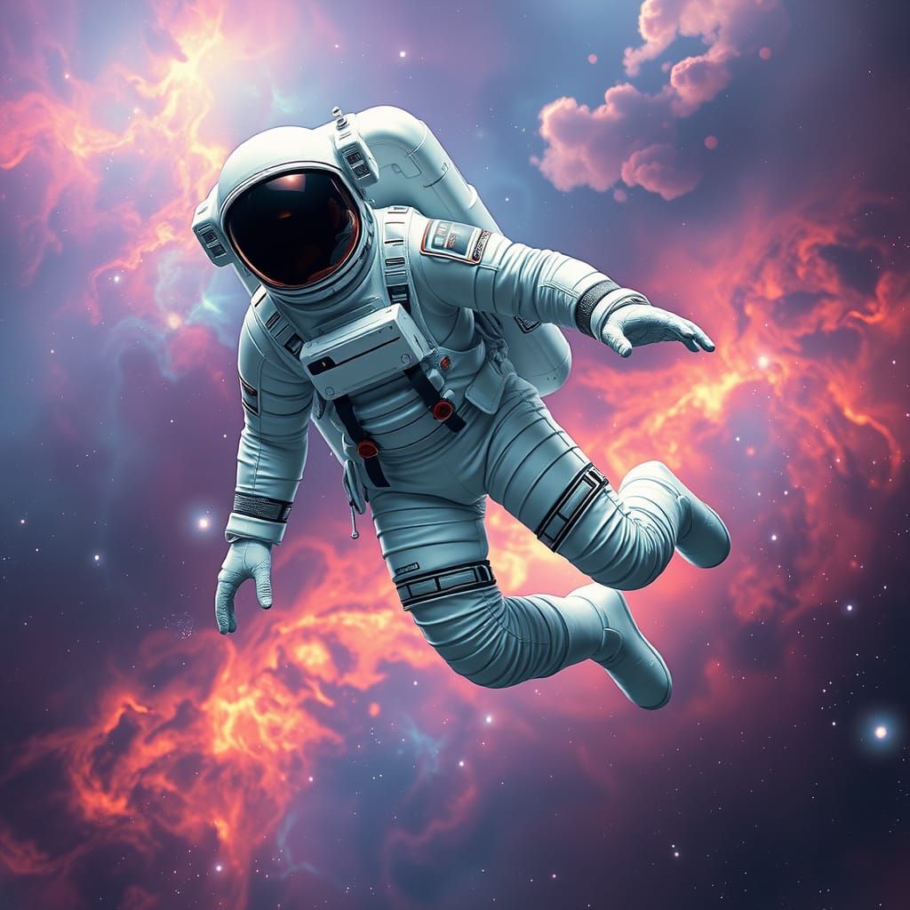 Astronaut in Spacesuit Floating Among Nebula