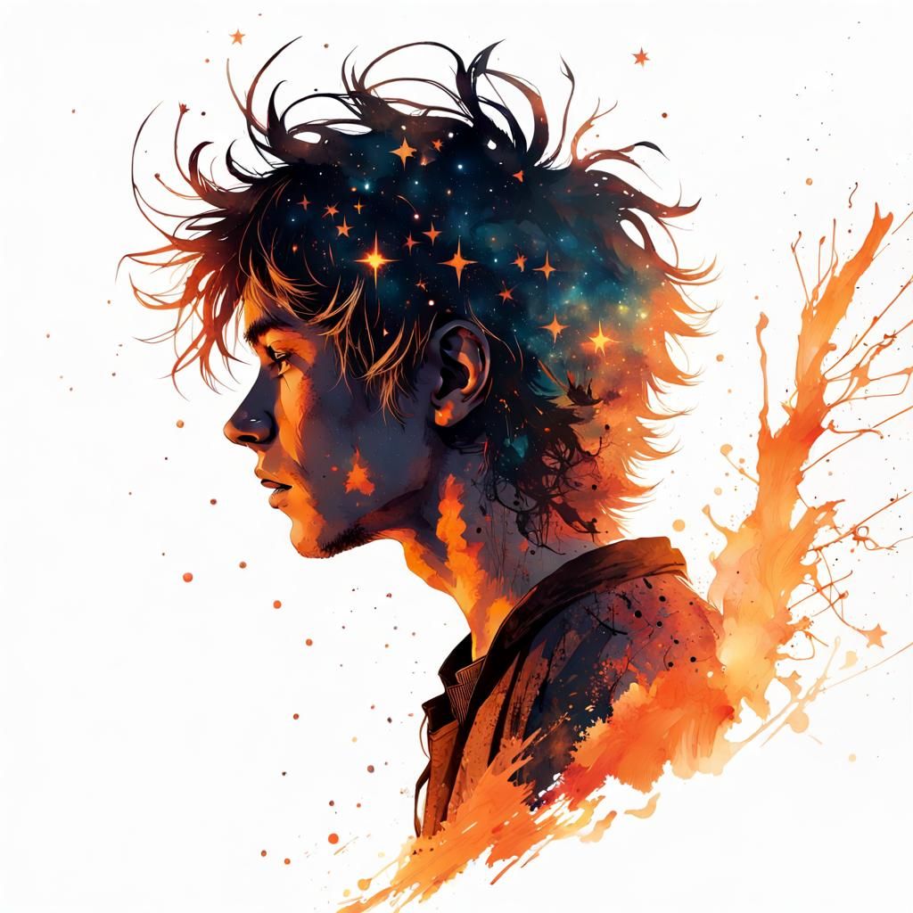 Boy Reaching for Stars in Fiery Night